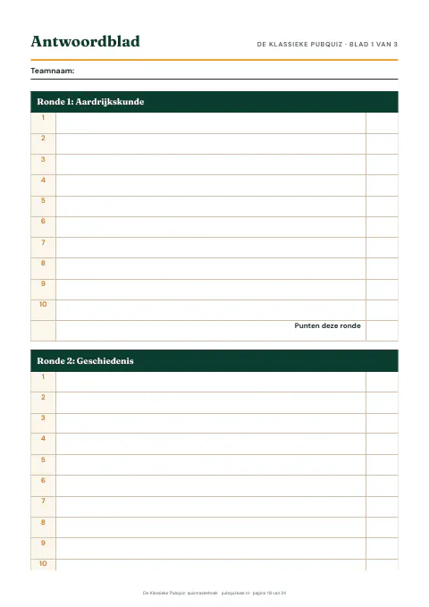 De Klassieke Pubquiz: antwoordblad