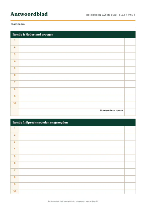 De Gouden Jaren Quiz: antwoordblad