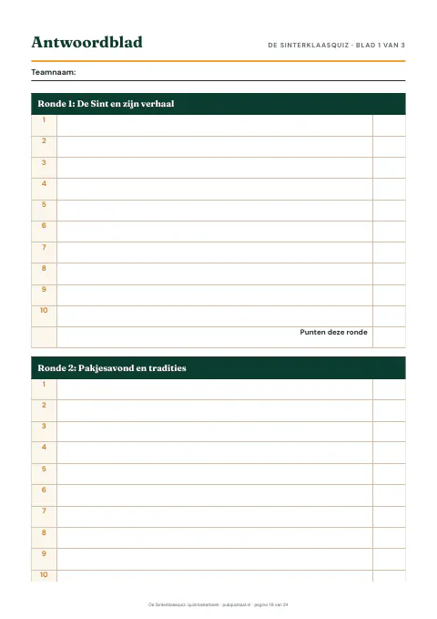 De Sinterklaasquiz: antwoordblad