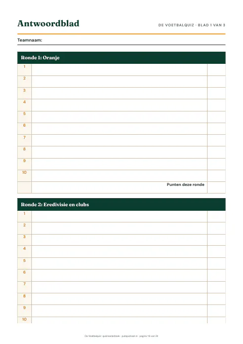 De Voetbalquiz: antwoordblad